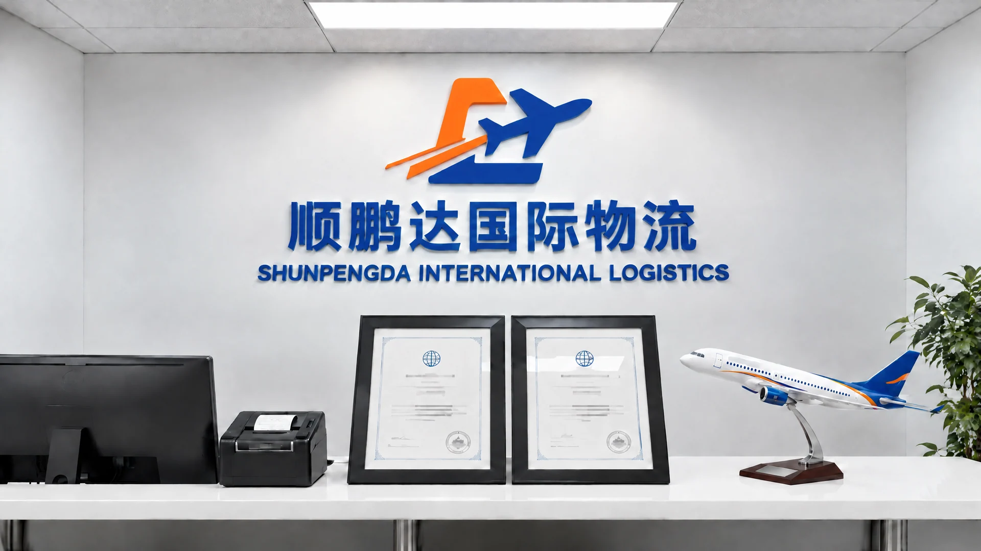顺鹏达国际物流办公前台,展示公司标志、证书、打印机和飞机模型